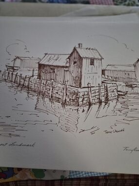 Brown Ink Waterfront Sketch Print